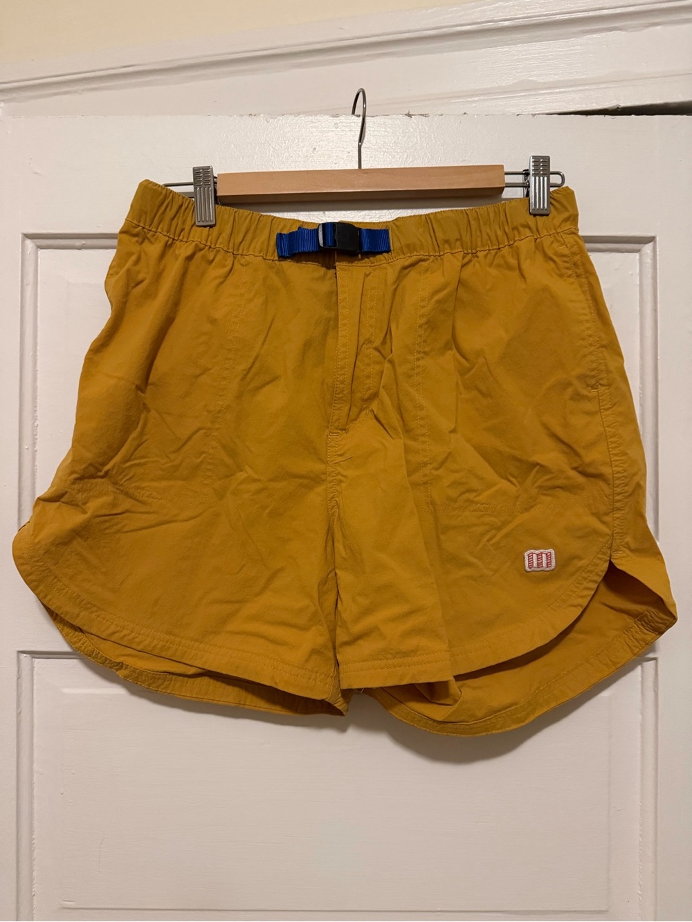Topo Designs Mustard Yellow Athletic Shorts with Blue Buckle